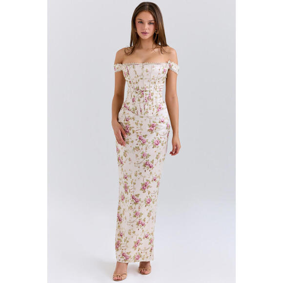 NEW, HOUSE OF CB Isis Floral Corset Bodice Gown In White floral Sz L #MD1251 - Picture 2 of 13